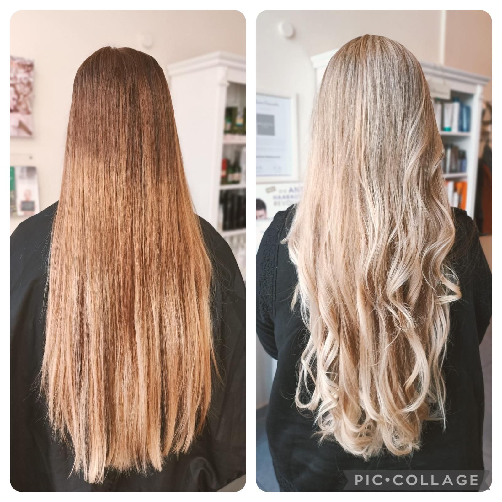 Vorher- und Nachher-Ansicht von langem Haar; braunes Haar links, blondes und gewelltes Haar rechts.