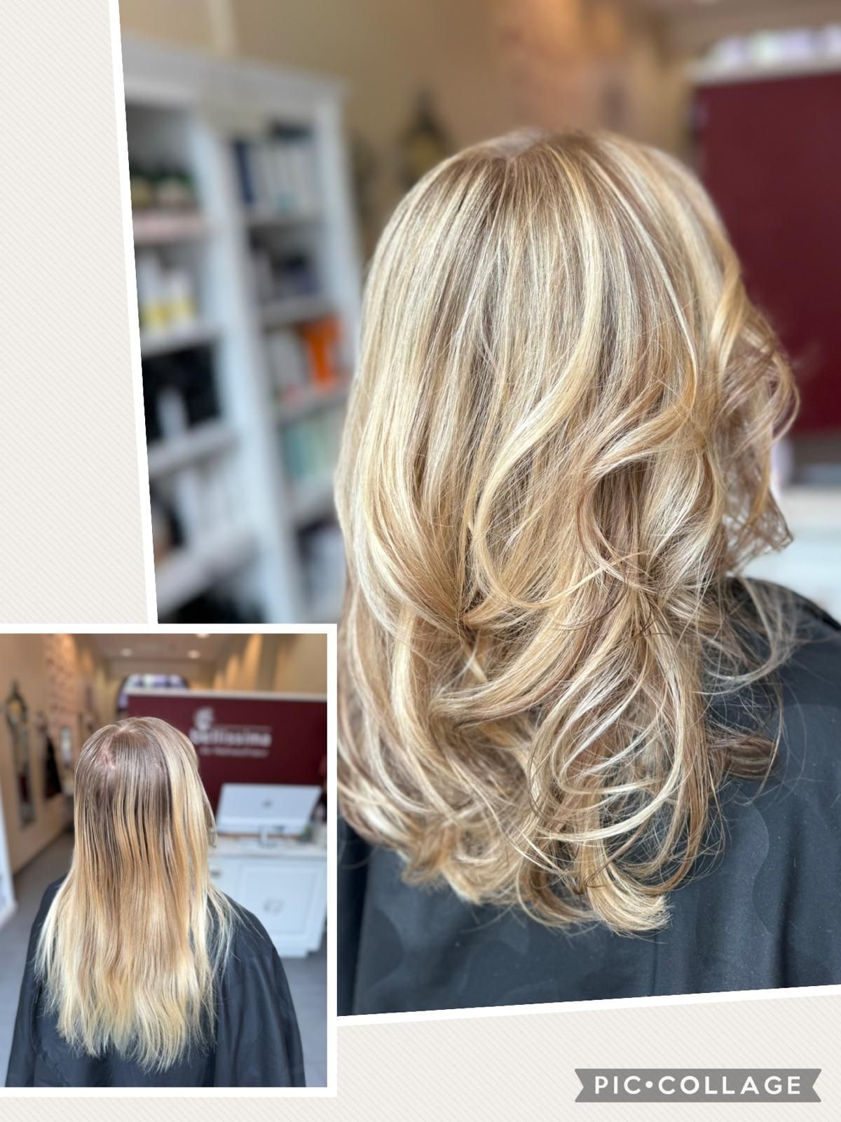 Haarverwandlung: Langes blondes Haar mit Strähnchen. Vorher-Nachher-Vergleich.