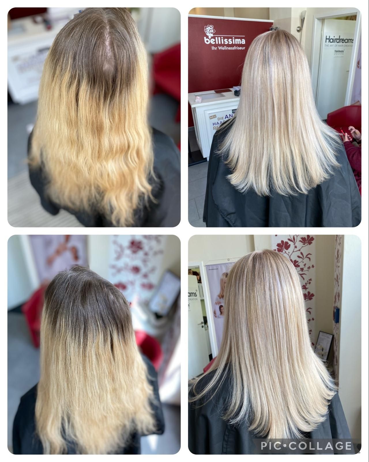 Vorher- und Nachher-Fotos zeigen die Veränderung der Haarfarbe von dunklem Ansatz zu Blond.