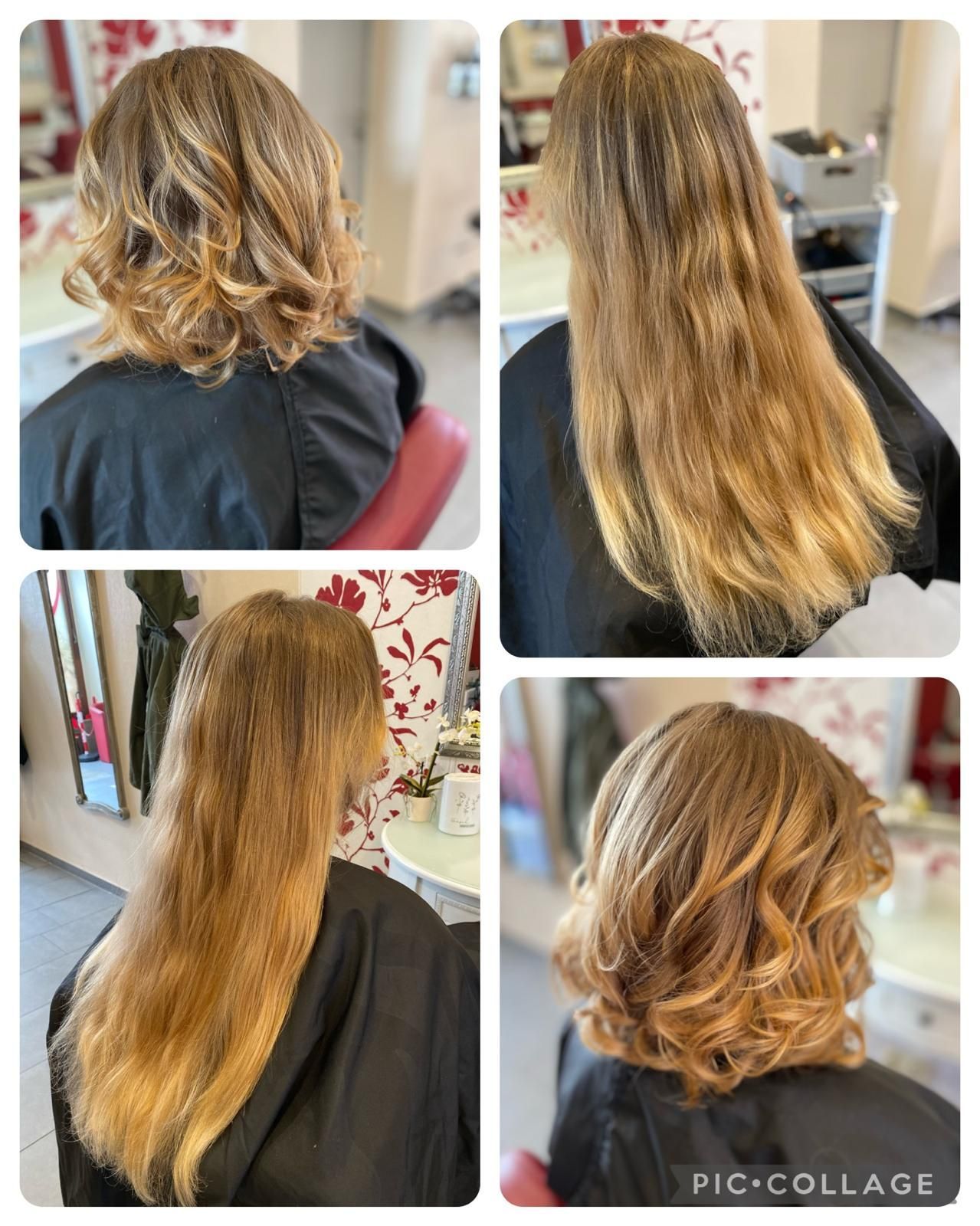 Eine Collage zeigt eine Person mit langen Haaren beim Haareschneiden. Die Haare werden von lang zu einem kürzeren, gestuften Bob gestylt.