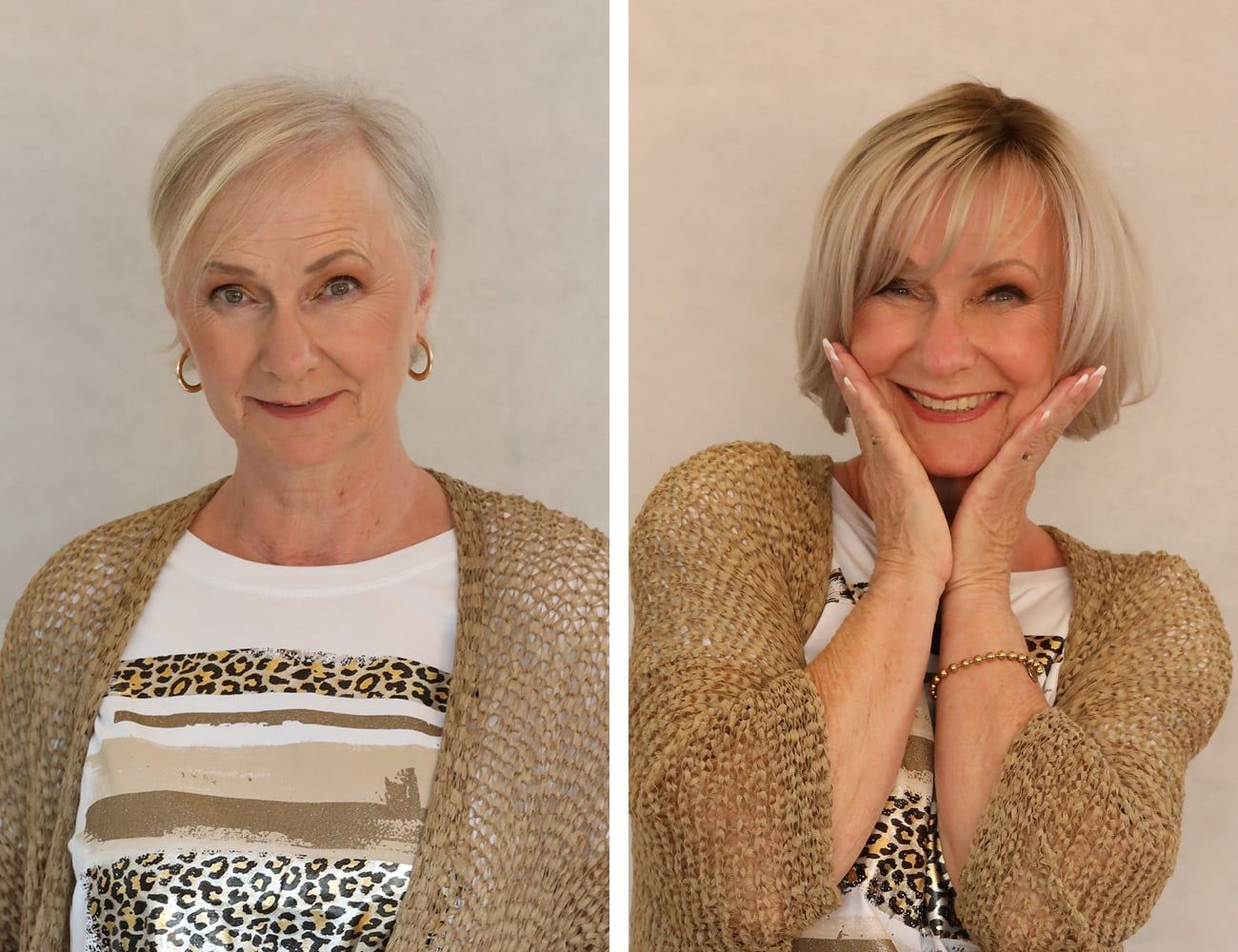 Frau mit kurzem, grauem Haar, vor und nach einer neuen Frisur. Lächelt und berührt ihr Gesicht.
