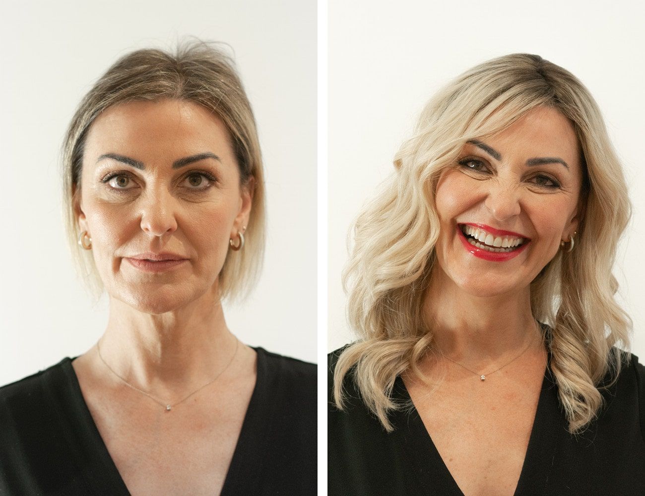 Frau vor und nach einer Typveränderung: vom neutralen Gesichtsausdruck zum glücklichen Lächeln, von blondem, gewelltem Haar zu rotem Lippenstift.
