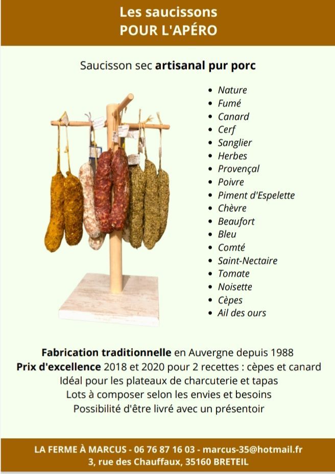 Une affiche avec du texte et une photo avec des saucissons qui pendent