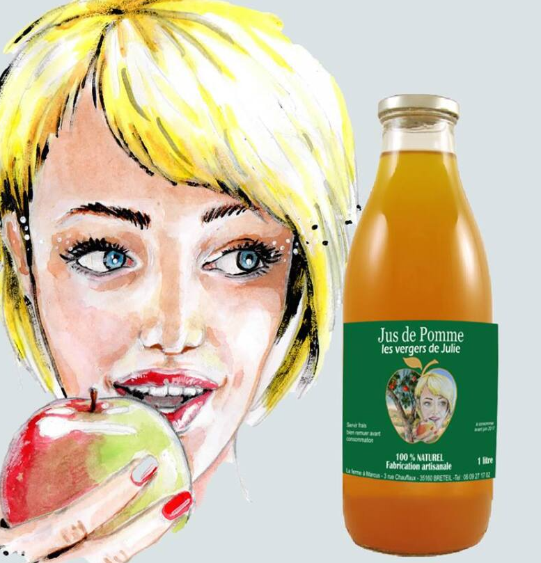 Une illustration d'une femme qui mange une pomme avec du jus de pommes à côté