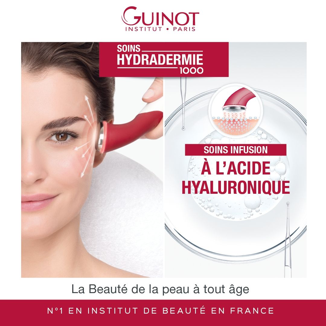 Une femme reçoit un soin du visage Guinot Hydradermie à l'acide hyaluronique.