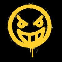 Cara sonriente malvada estilo grafiti amarillo sobre fondo negro.
