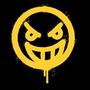 Cara sonriente malvada estilo grafiti amarillo sobre fondo negro.