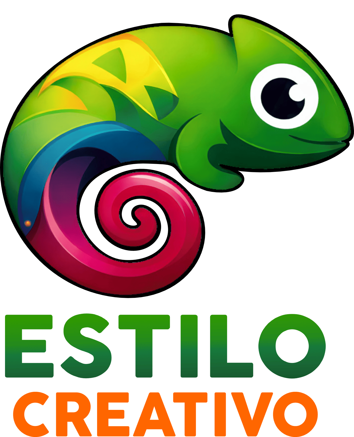 Un colorido camaleón de dibujos animados se enroscaba formando un círculo sobre el texto "ESTILO CREATIVO" en verde y naranja.