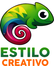 Un colorido camaleón de dibujos animados se enroscaba formando un círculo sobre el texto "ESTILO CREATIVO" en verde y naranja.