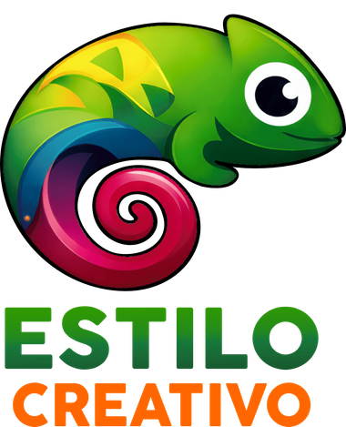 Un colorido camaleón de dibujos animados se enroscaba formando un círculo sobre el texto "ESTILO CREATIVO" en verde y naranja.