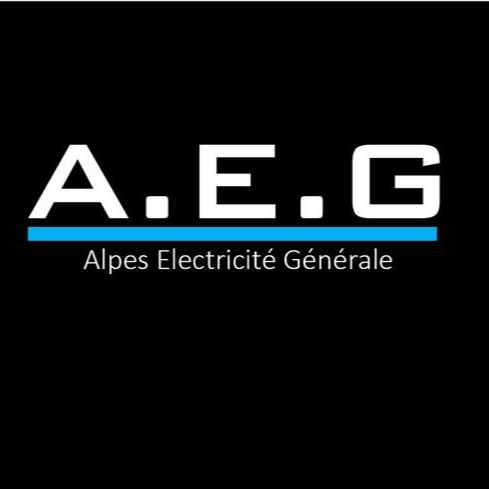 Logo pour Alpes Électricité Générale (A.E.G.) avec lettres blanches sur fond noir, ligne bleue en dessous.