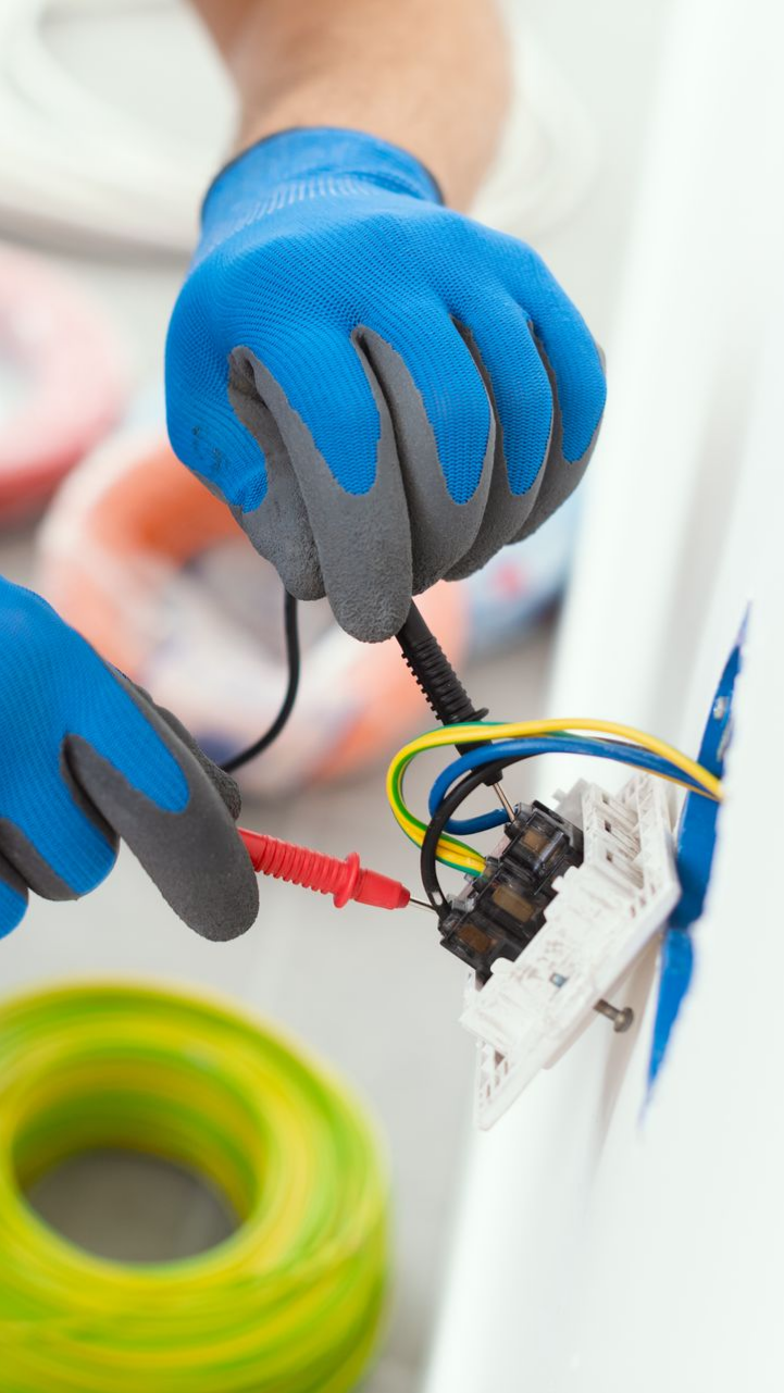 Électricien en gants bleus, câble une prise de courant avec un multimètre.