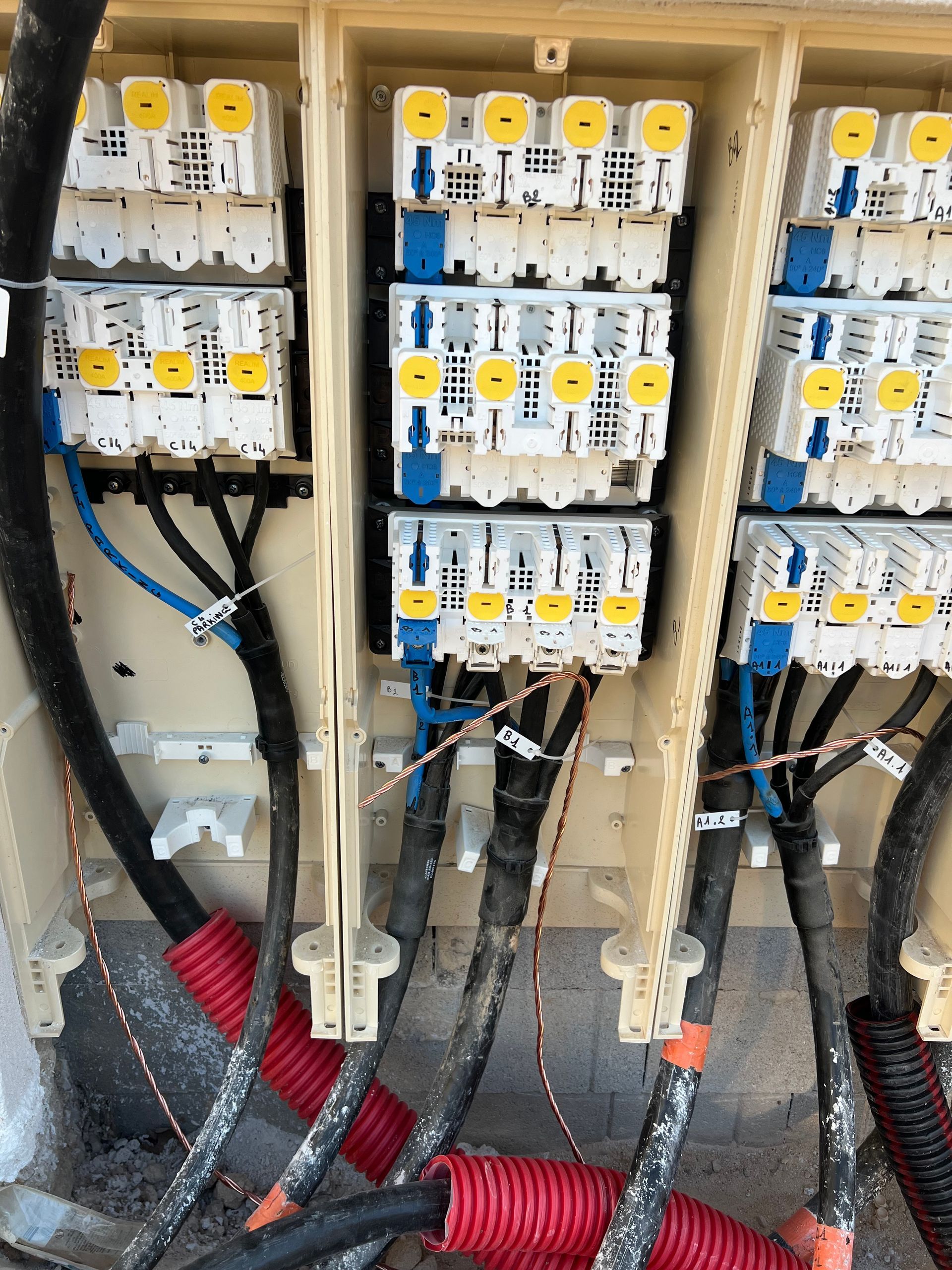 Boîte de jonction électrique avec fils et bornes, couleurs variées.
