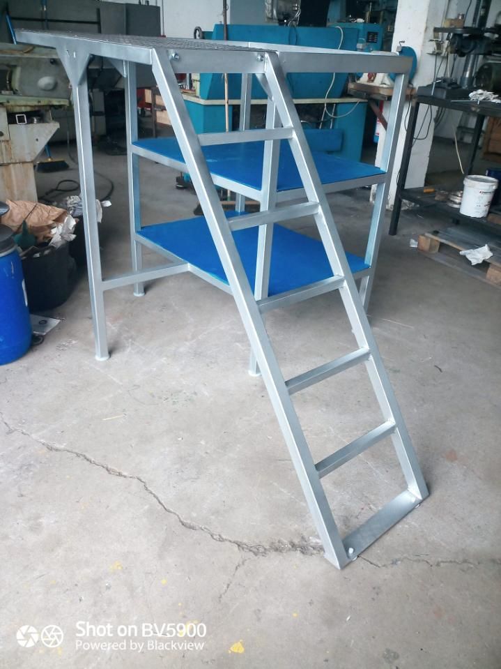 Plataforma metálica con escalera y estantes azules en un taller.