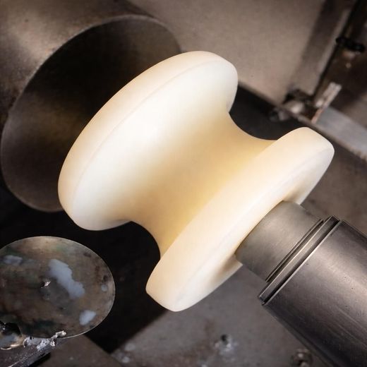 Un torno de metal mecaniza una pieza cilíndrica en un taller. Se ven chispas y virutas de metal.