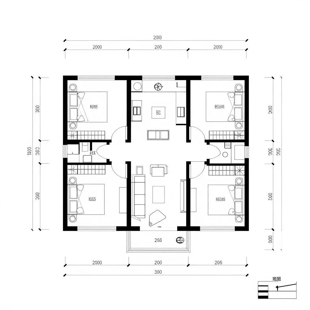 Plano arquitectónico en blanco y negro de un apartamento de cuatro habitaciones con baños y vestíbulo central.