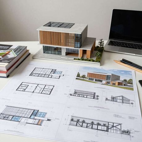 Maqueta arquitectónica y bocetos de una casa moderna sobre un escritorio junto a un ordenador portátil.