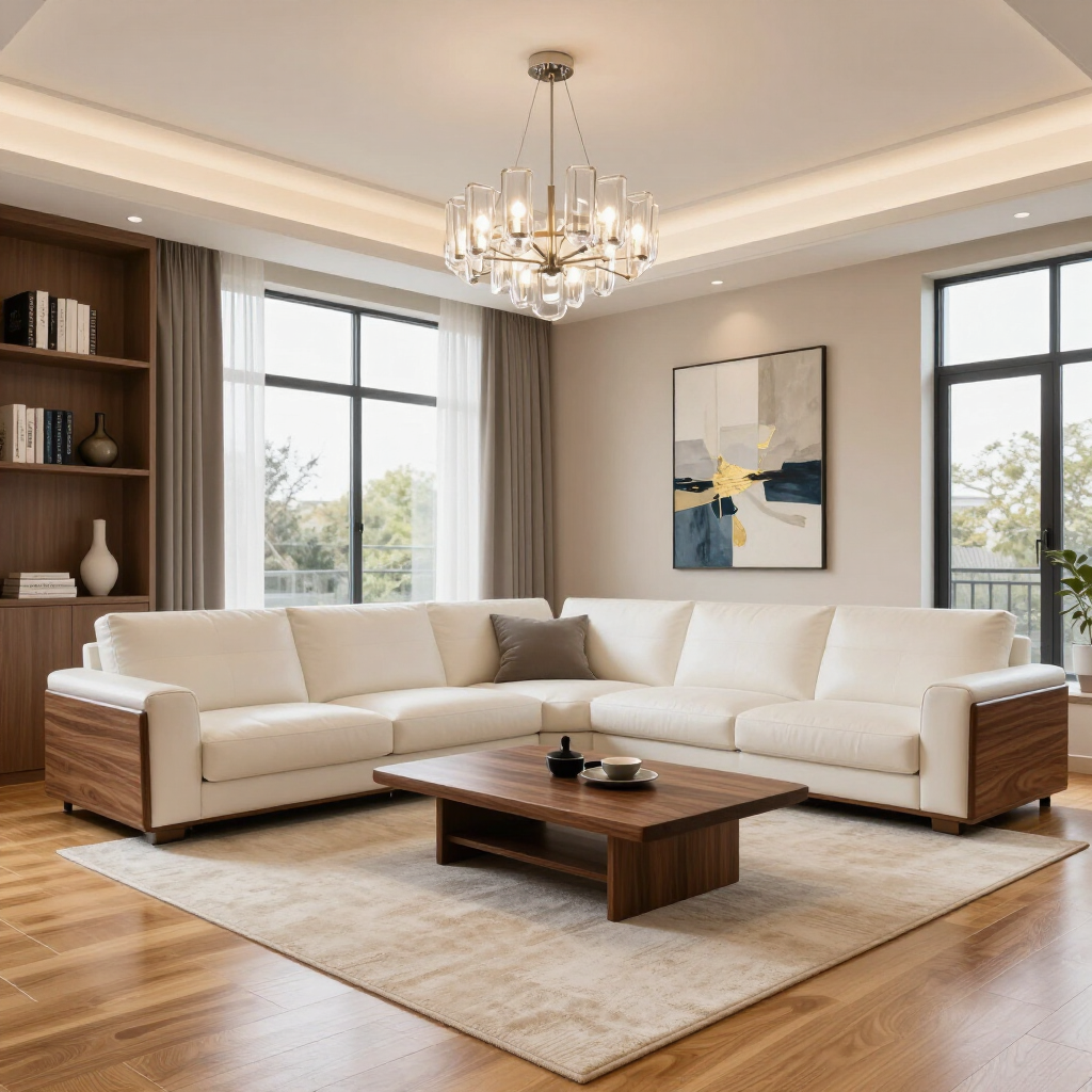 Sala de estar moderna con sofá modular color crema, mesa de centro de madera, lámpara de araña y grandes ventanales.