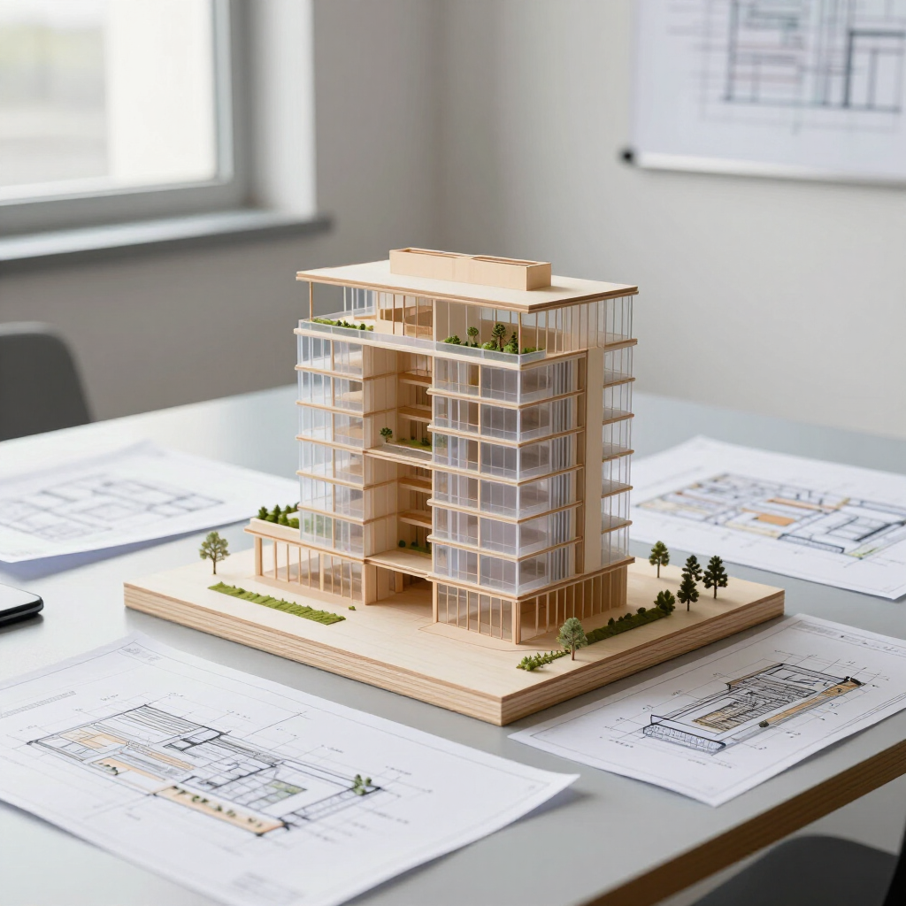 Maqueta arquitectónica de un edificio de apartamentos moderno sobre un escritorio con planos cerca.