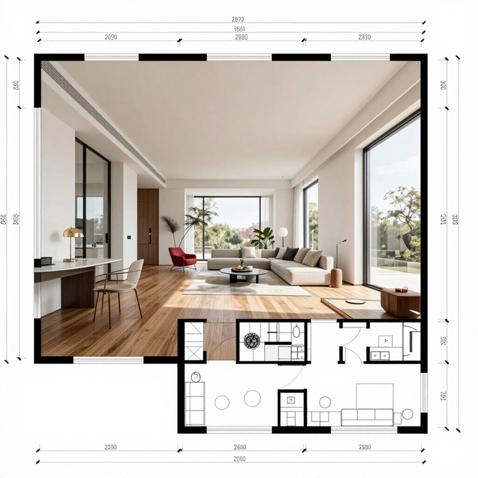 Diseño moderno de planta abierta que integra salón y cocina, con grandes ventanales y mobiliario neutro.