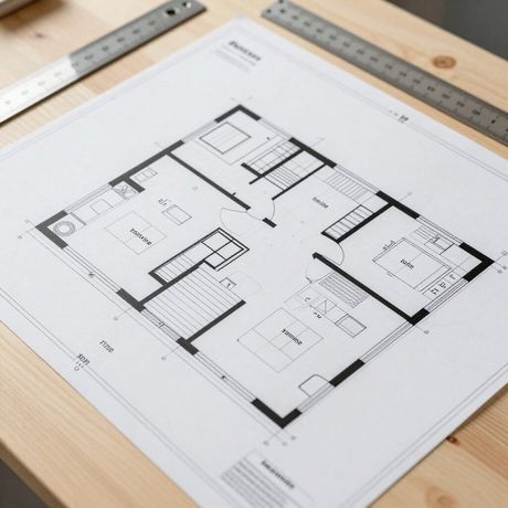 Plano arquitectónico de una planta en una hoja blanca con reglas sobre un escritorio de madera.