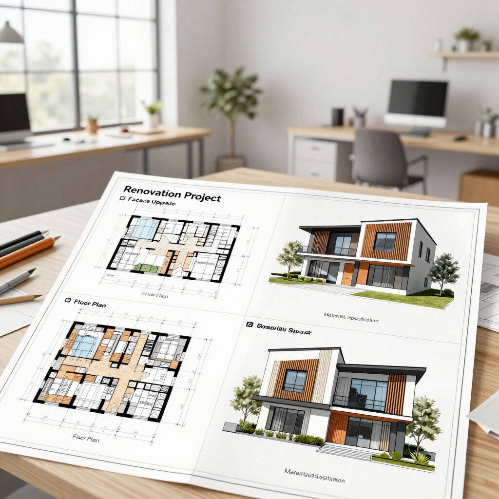 Sobre un escritorio, hay un folleto de diseño arquitectónico con planos y representaciones 3D de la casa.