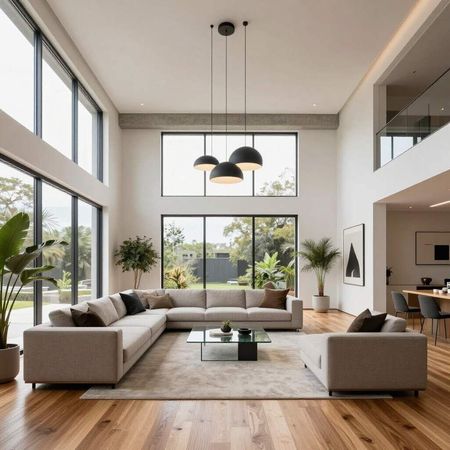 Sala de estar moderna con grandes ventanales, sofás seccionales beige, lámparas colgantes y una mesa de centro.