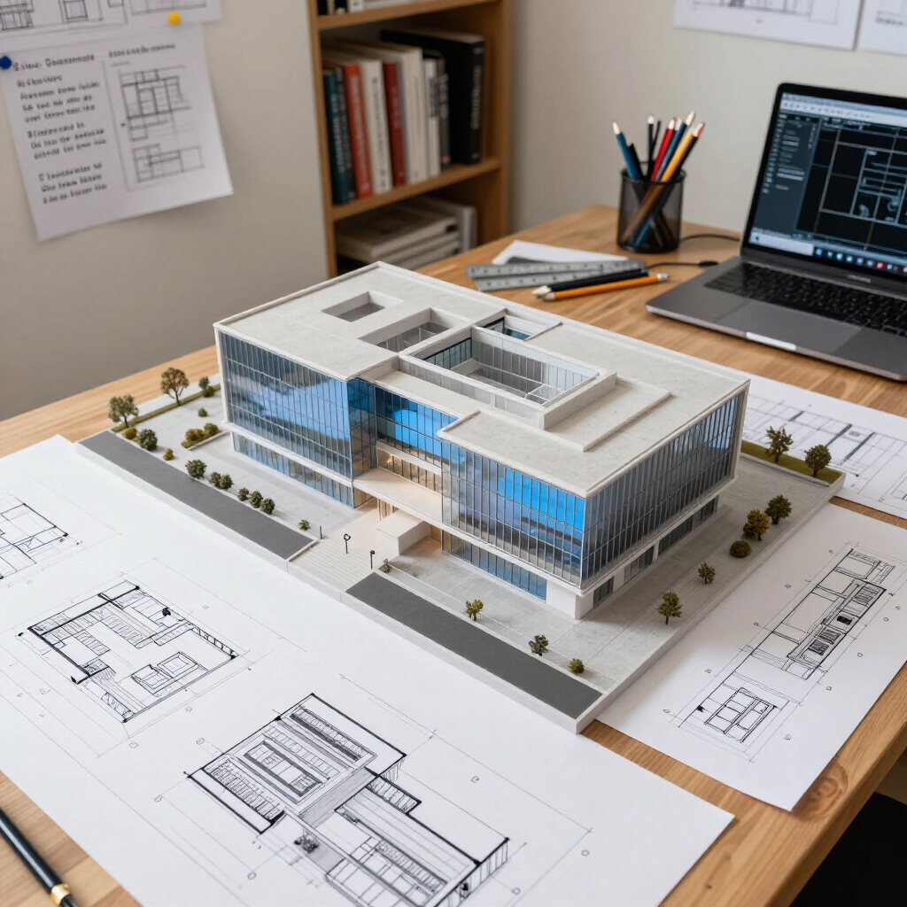 Maqueta arquitectónica sobre un escritorio con planos y ordenador portátil en una oficina de diseño.