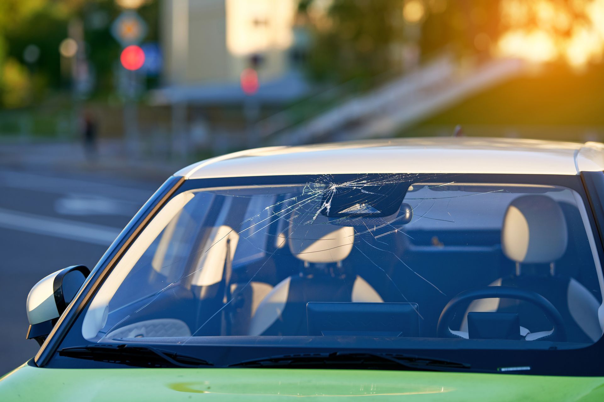 Pare-brise brisé d'une voiture blanche dans une rue ensoleillée au crépuscule.