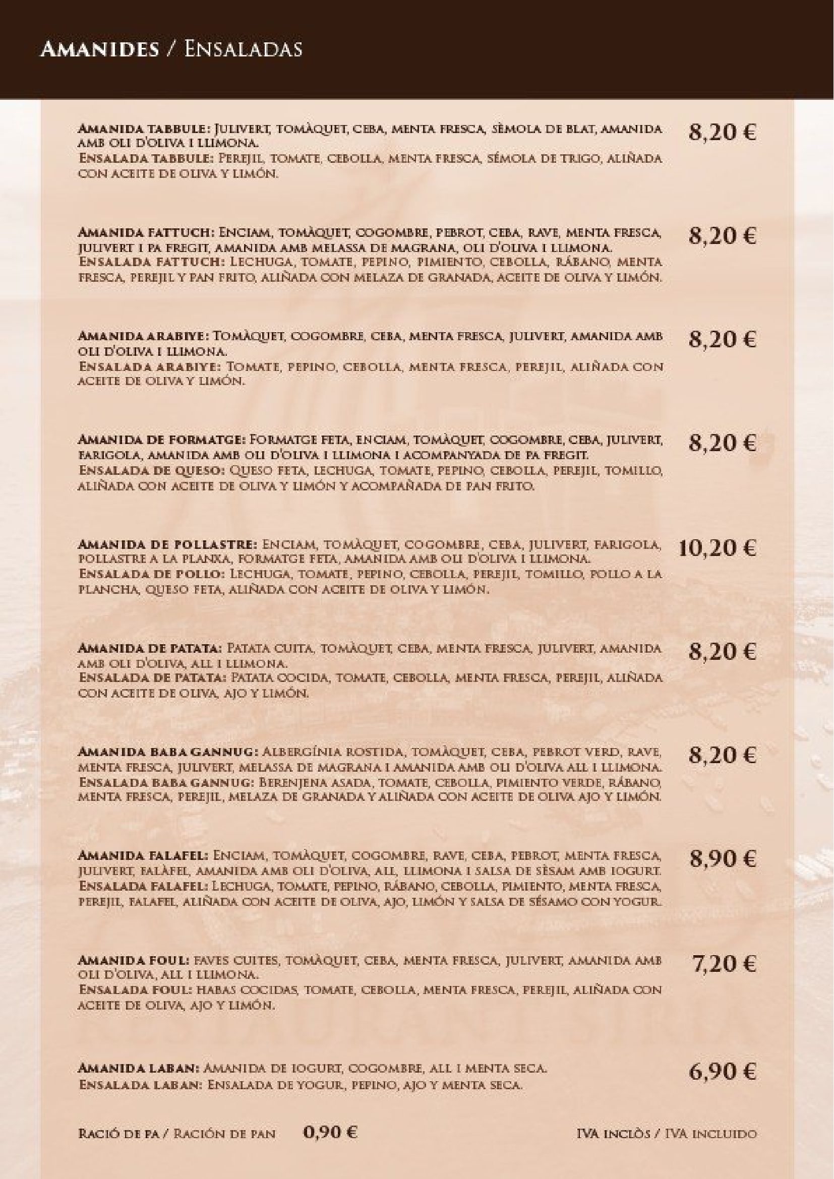 Menú con varias opciones de comida y precios mostrados.