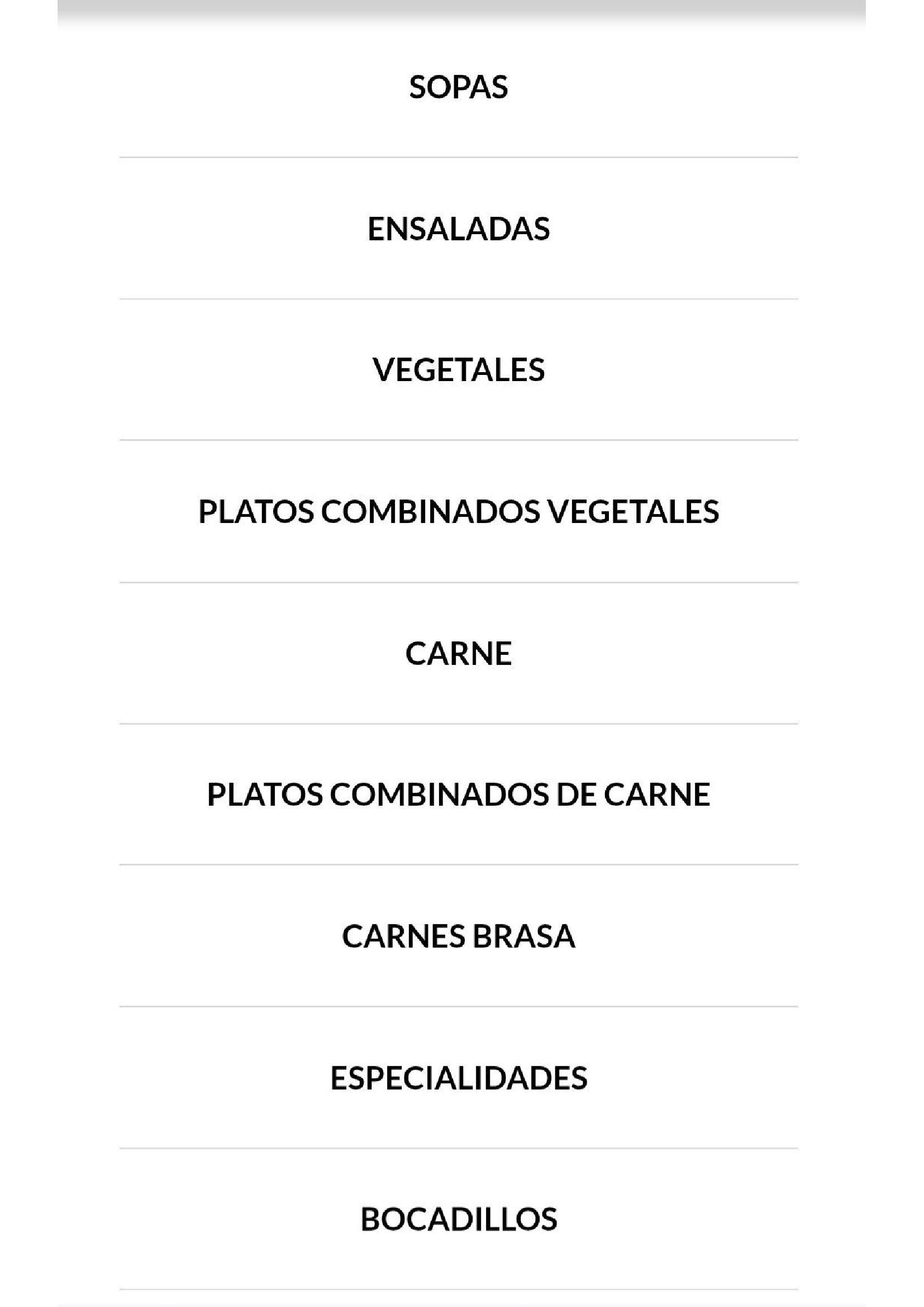 Menú con categorías: sopas, ensaladas, verduras, platos combinados de verduras, carnes, platos combinados de carnes, etc.