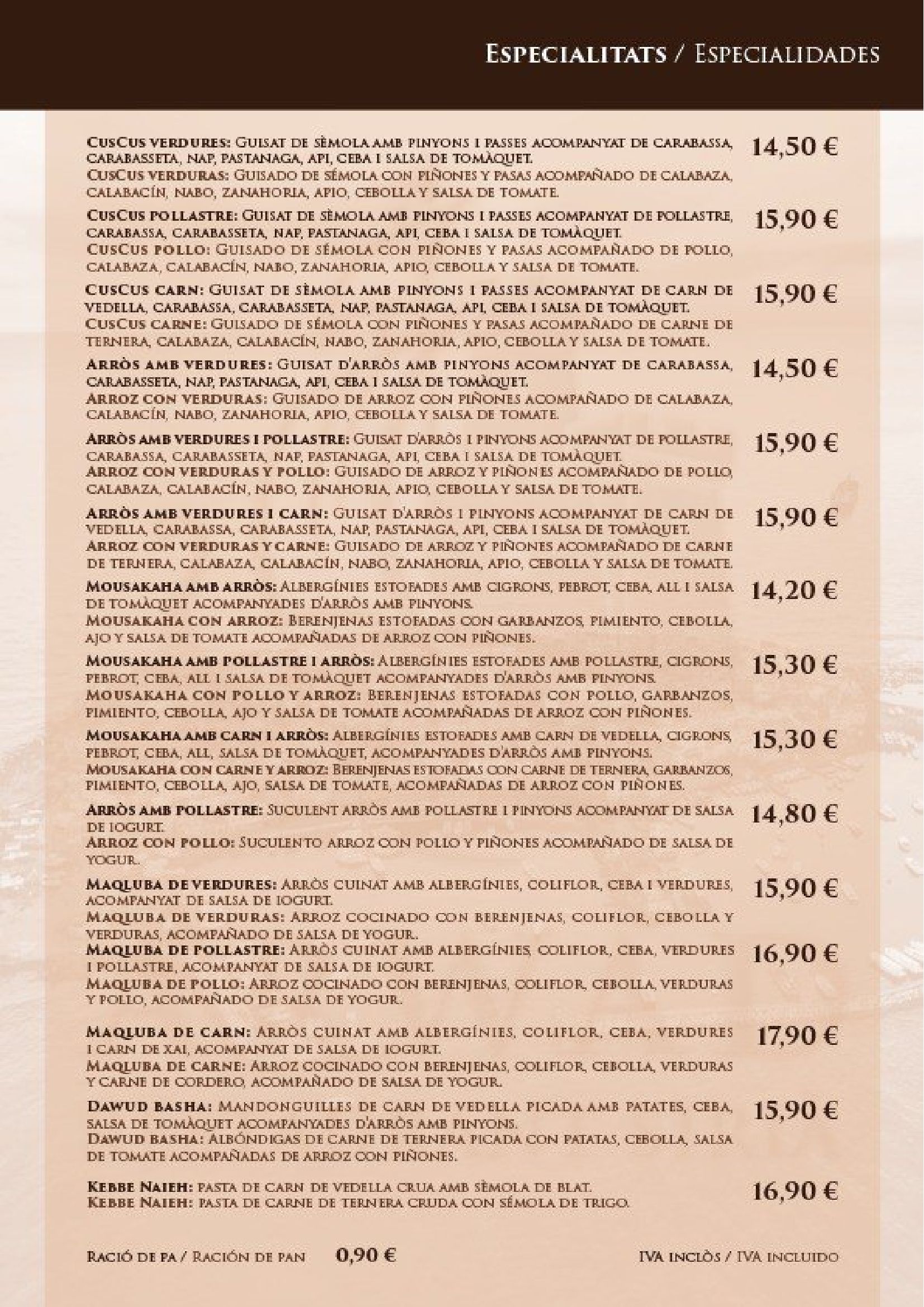 Menú con platos y precios expresados ​​en euros.