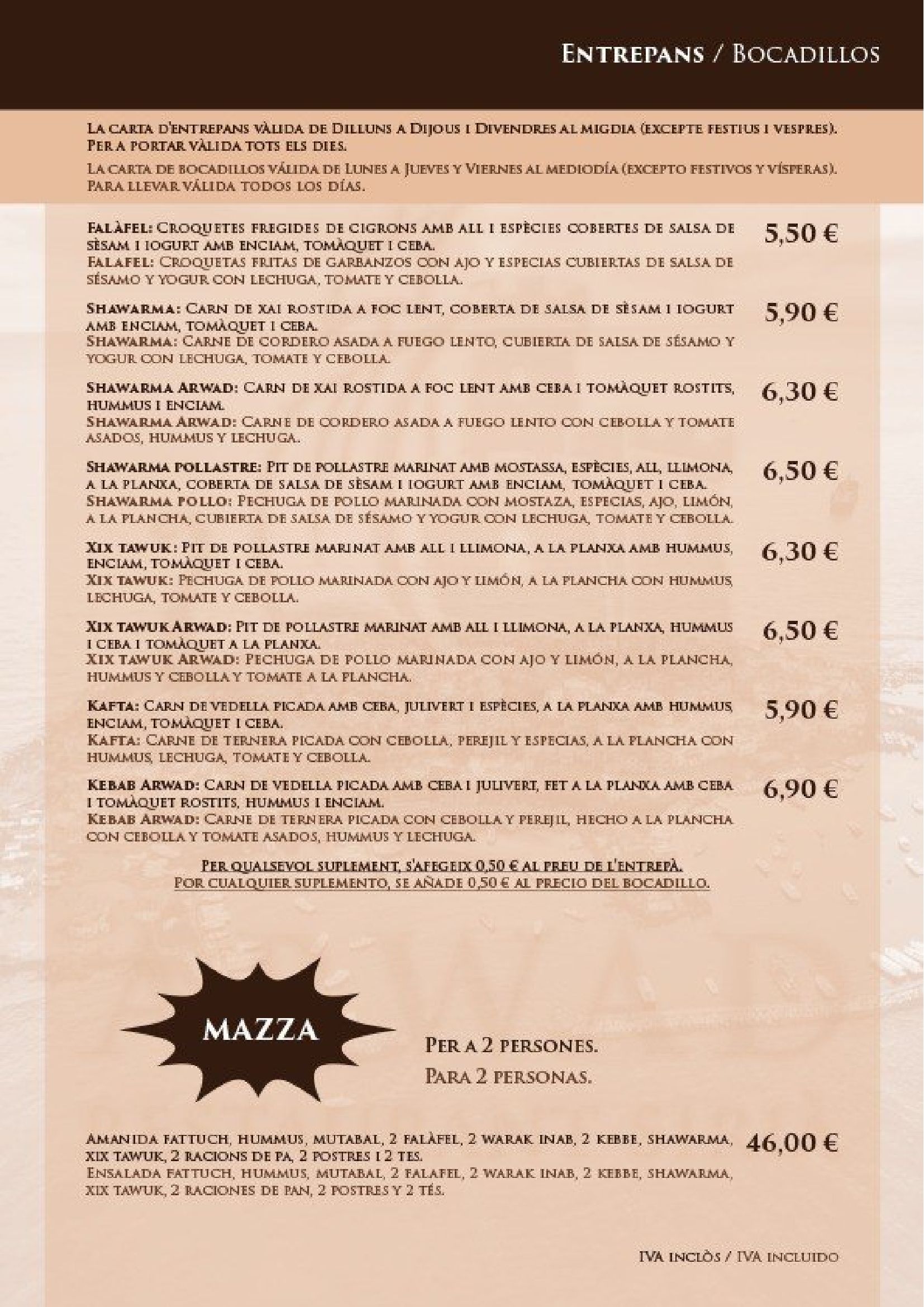 Menú con descripción de platos y precios del restaurante Mazza.