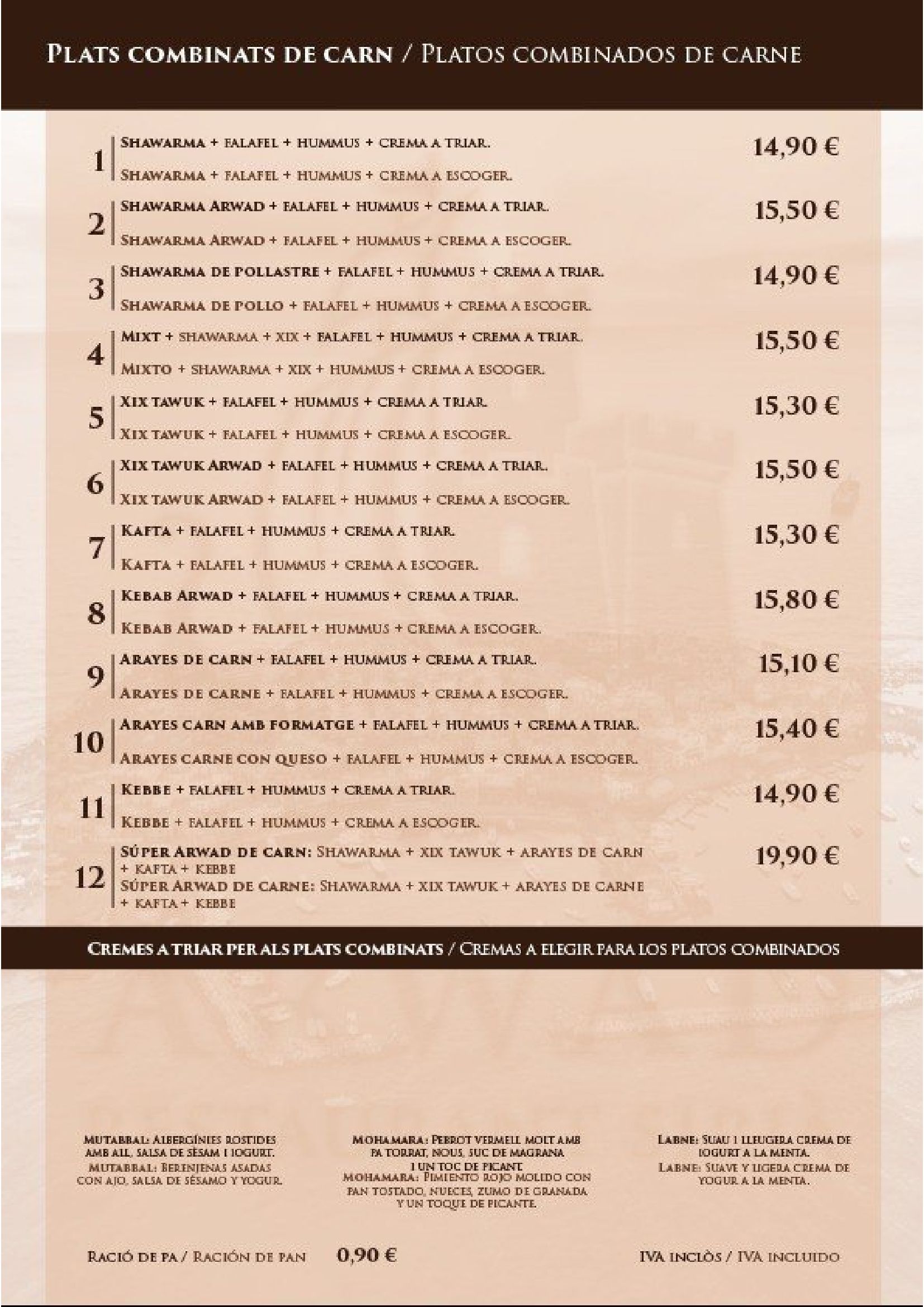 Menú con opciones de comida y precios en español.