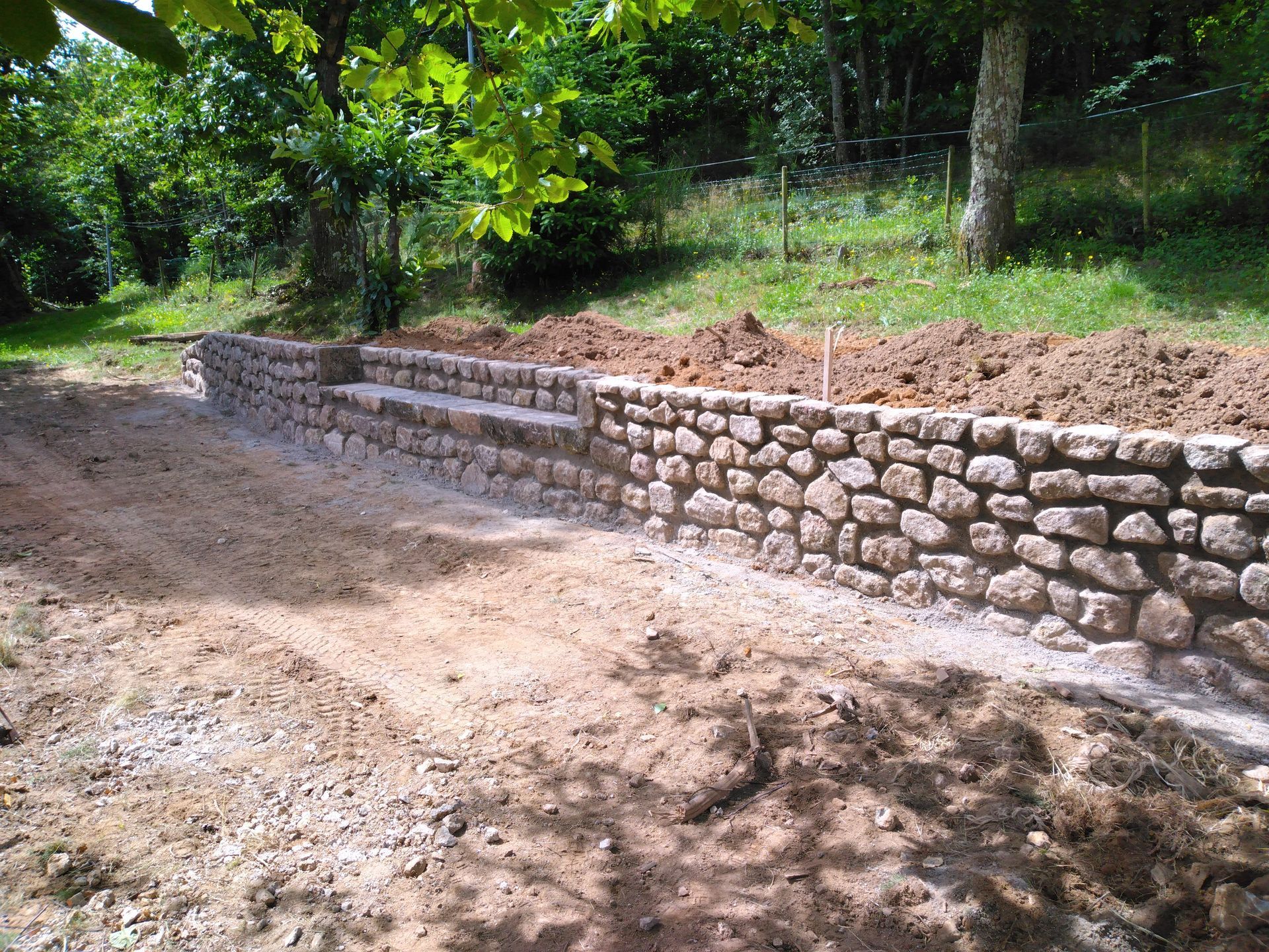 Mur de soutènement en pierre le long d'un chemin de terre bordé d'arbres et de verdure dans une zone boisée