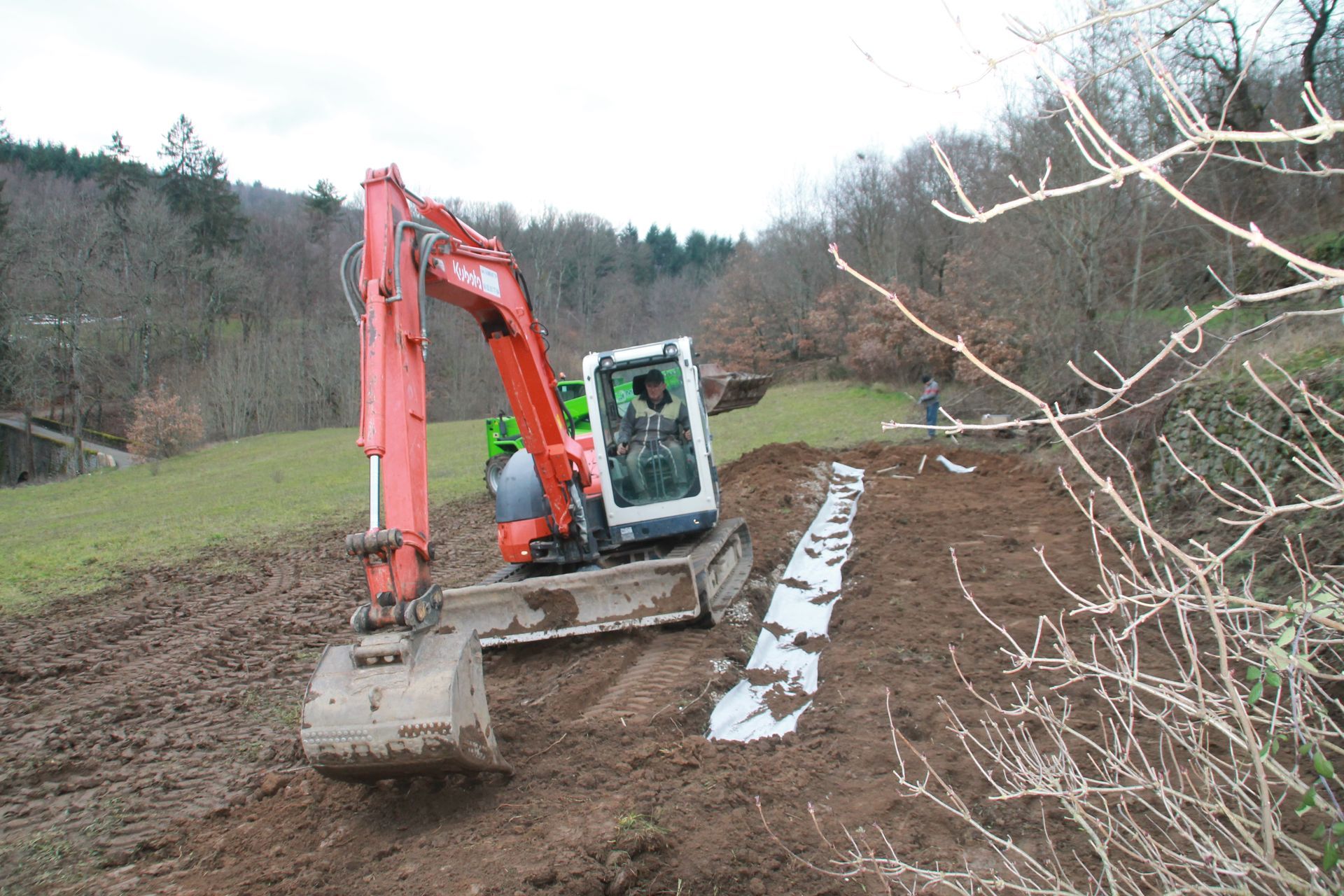 Une pelleteuse orange creuse un champ boueux à côté de rangées de cultures recouvertes de plastique blanc.