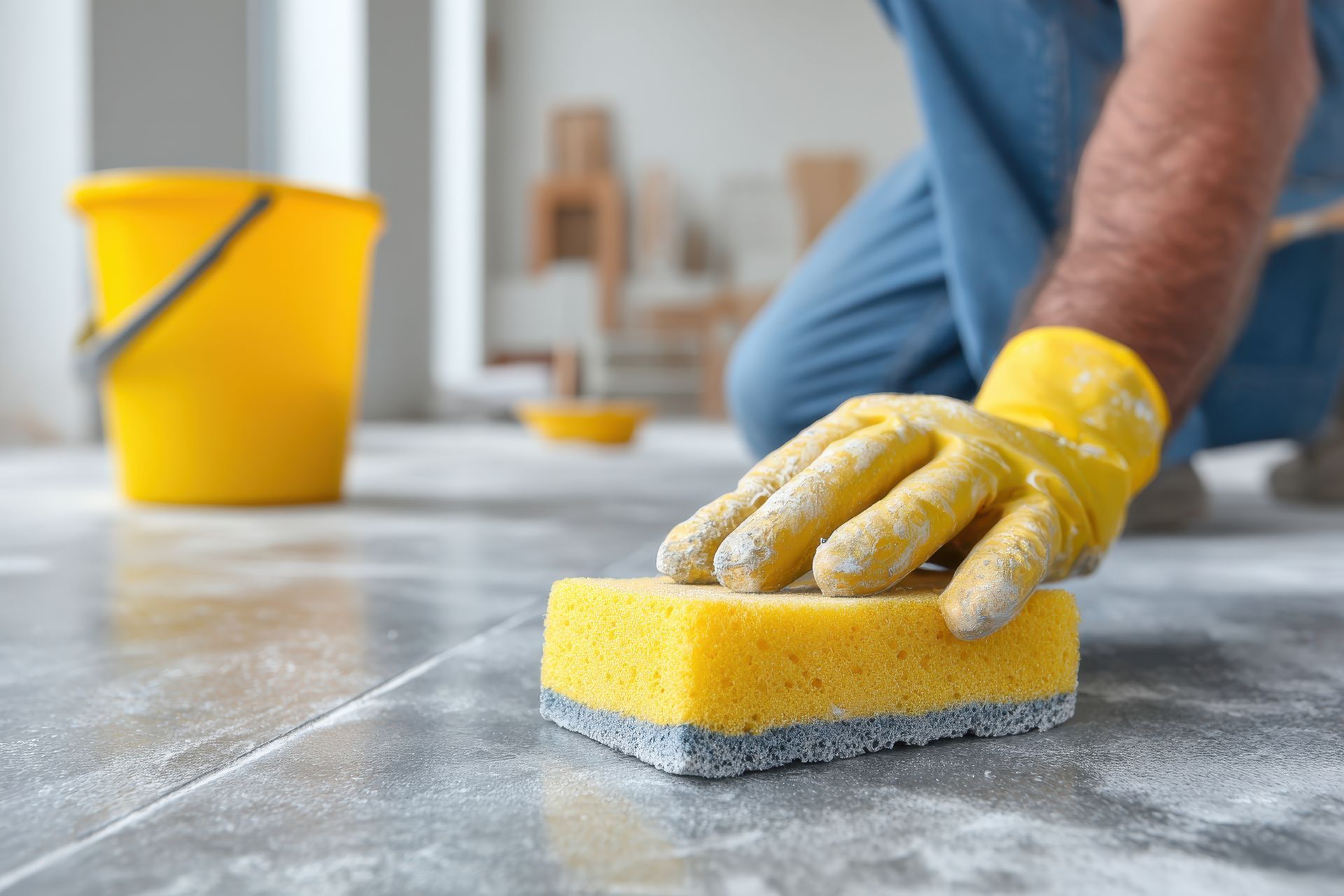 Homme nettoyant à l'éponge les résidus de poussière déposé sur du carrelage