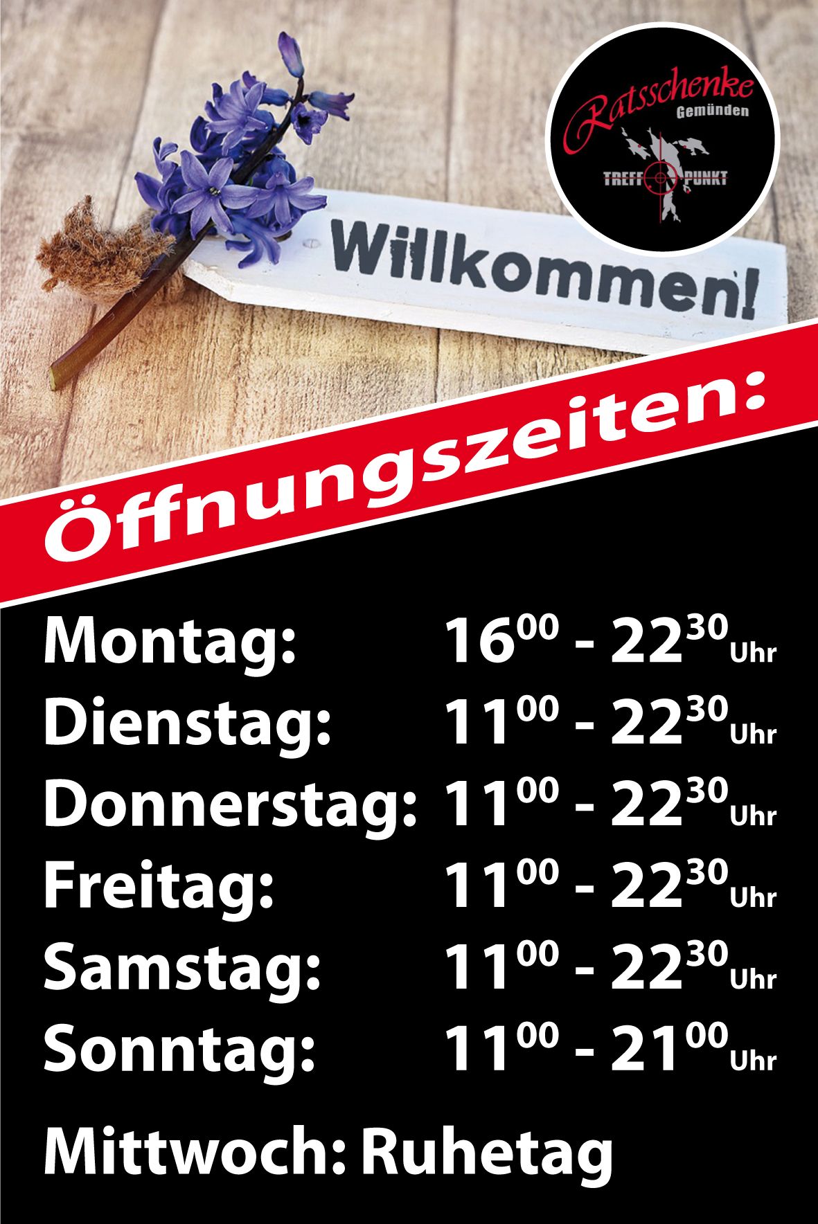 Restaurantschild mit Öffnungszeiten: Montag 16:00 bis 22:30 Uhr, Dienstag-Samstag 11:00 bis 22:30 Uhr, Sonntag 11:00 bis 21:00 Uhr. Mittwoch geschlossen.