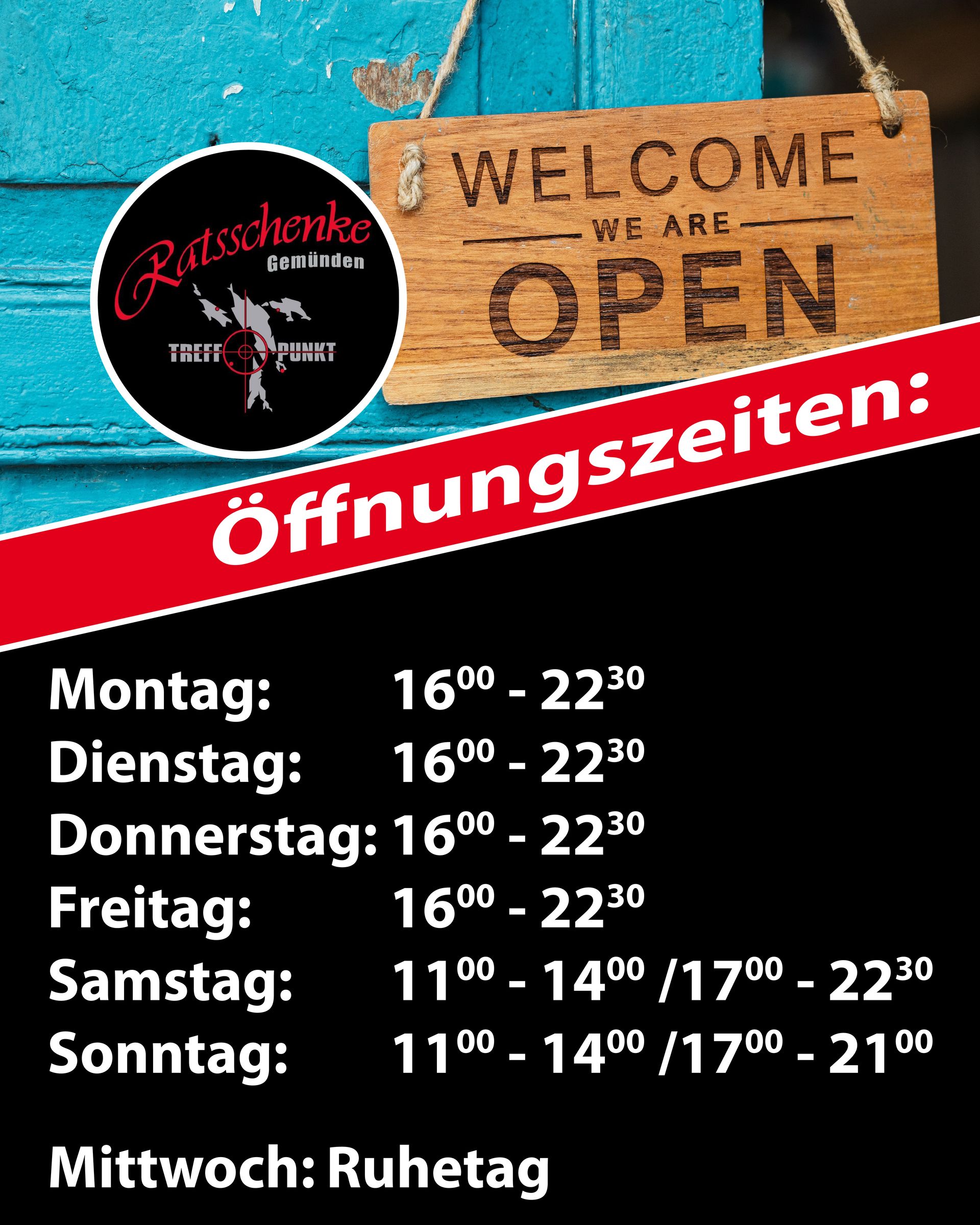 Restaurantschild mit Öffnungszeiten: Montag 16:00 bis 22:30 Uhr, Dienstag-Samstag 11:00 bis 22:30 Uhr, Sonntag 11:00 bis 21:00 Uhr. Mittwoch geschlossen.