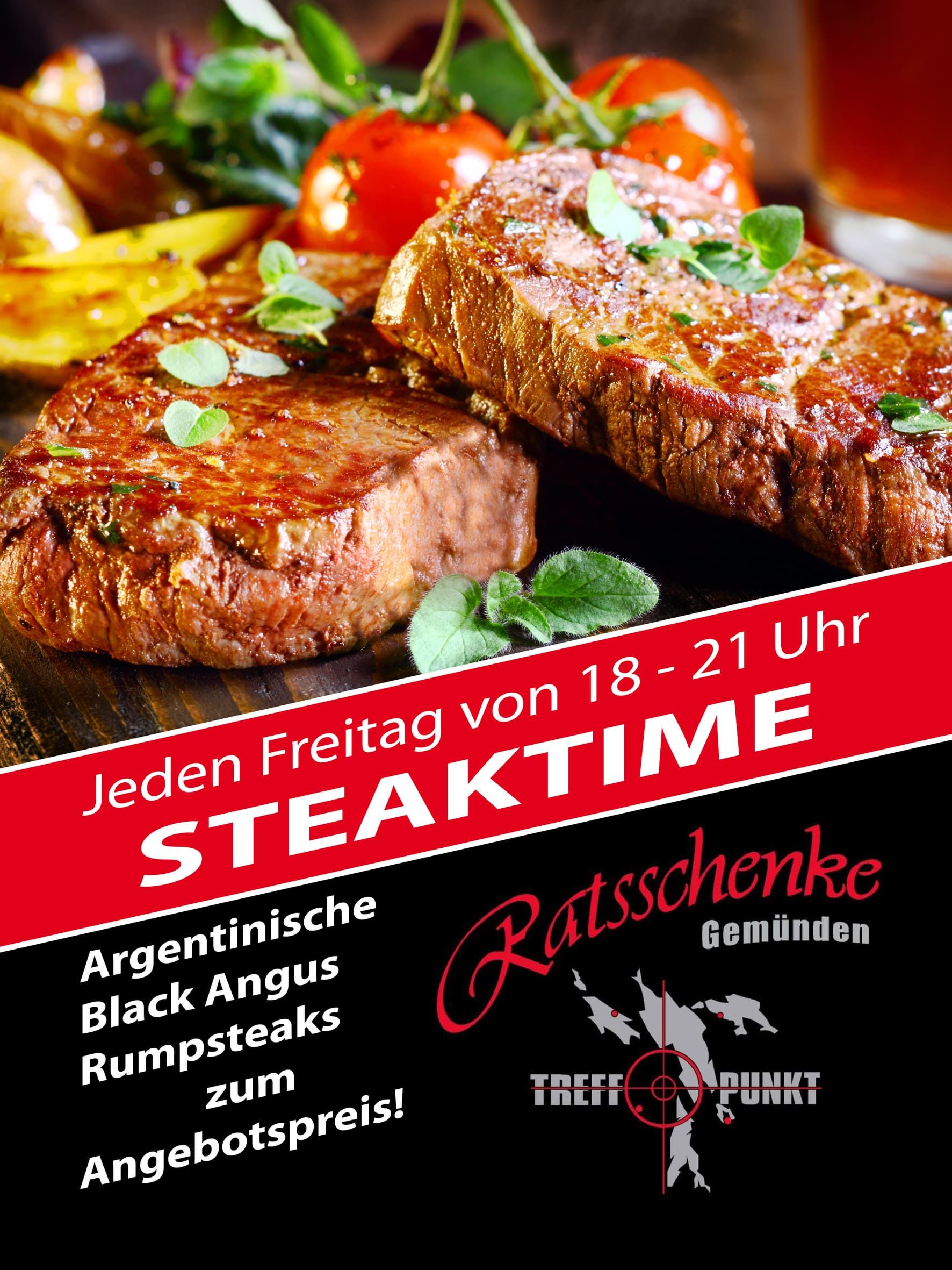 Steak-Aktion: Zwei gegrillte Steaks mit Tomaten & Kräutern, „Steaktime“ jeden Freitag 18-21 Uhr in der Rats Schenke.
