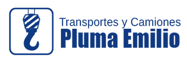 Logo de Transportes y Camiones Pluma Emilio en azul, con gancho de gr&uacute;a estilizado y texto corporativo.