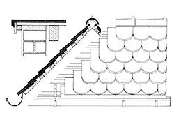 Eine Schwarzweißzeichnung eines Dachs mit Schindeln und einer Dachrinne.