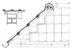 Eine Schwarzweißzeichnung eines mit Ziegeln bedeckten Dachs.
