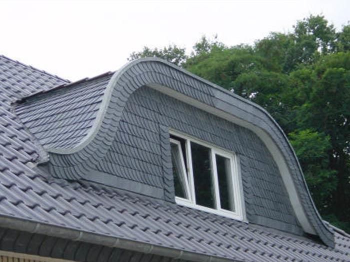 Ein Dach mit einem Fenster darauf und Bäumen im Hintergrund
