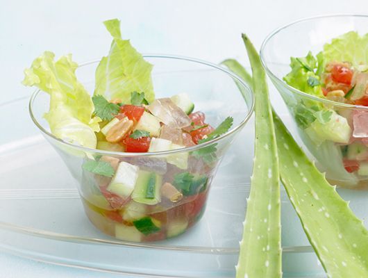Aloe Vera Salat in Glasbechern mit Salat und Gurke.