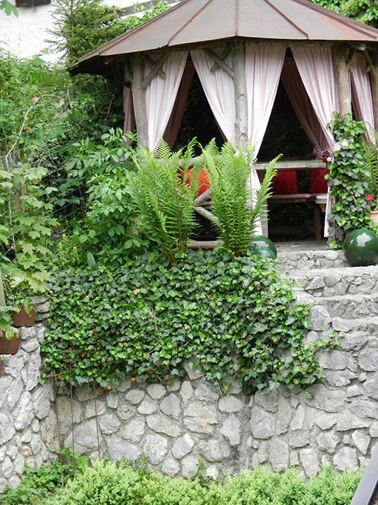 Steinstufen führen zu einem Pavillon mit rosa Vorhängen, umgeben von üppigem Grün.