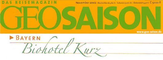 Magazincover mit grünem „GEOSAISON“ auf Orange, „Bayern“ und „Biohotel Kurz“.