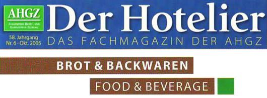 Logo für die Zeitschrift „Der Hotelier“ mit den Texten „BROT & BACKWAREN“ und „FOOD & BEVERAGE“.