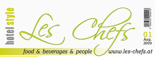 Logo für das Magazin „Les Chefs“ mit kursivem Text in Grün und Gelb.