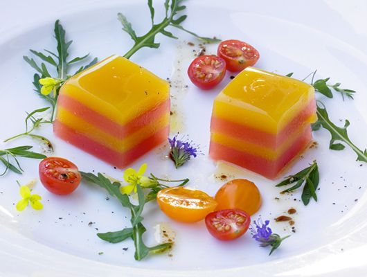 Zweischichtige Tomaten-Terrine, garniert mit Tomaten und Gemüse auf einem weißen Teller.